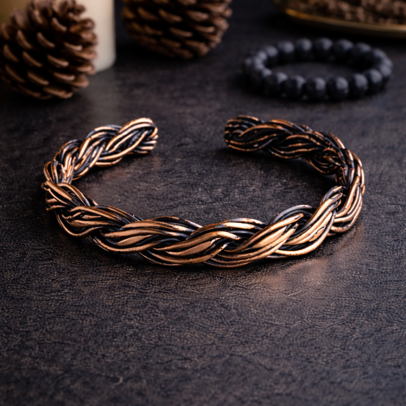 LAJA-1255 el yapımı örgü saf bakır bileklik doğal taş üzerinde güçlü dokulu artisan tasarım