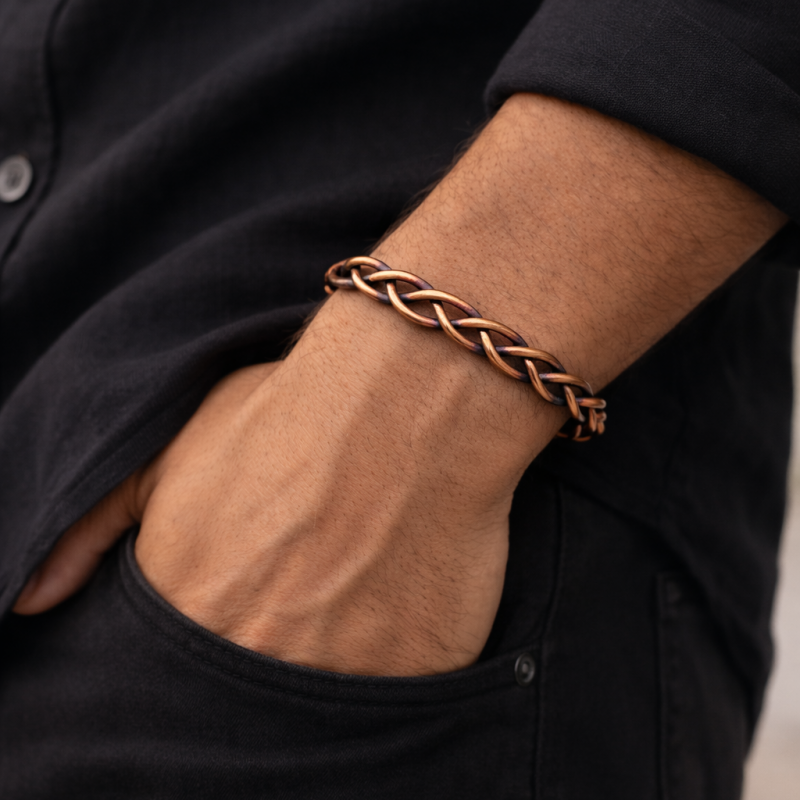 LAJA-1259 el yapımı bakır örgü bileklik, saf bakır doğal bilezik, maskülen el işi bakır tasarım