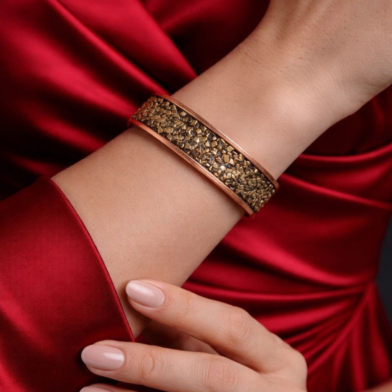 LAJA-1258 bakır tozu işlemeli doğal bakır bileklik, el yapımı saf bakır bilezik, özel üretim dokulu bakır tasarım