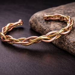 Handmade copper and bronze twisted chain open cuff bracelet with natural metal finish, artisan design by LAJA