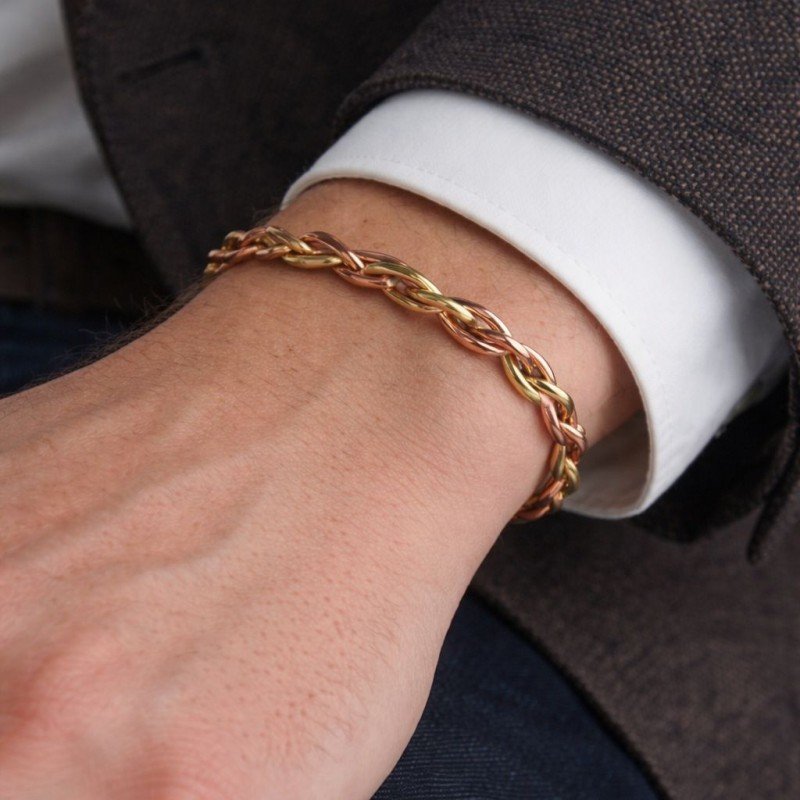 Handmade copper and bronze twisted chain open cuff bracelet with natural metal finish, artisan design by LAJA