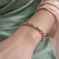 Handmade copper and bronze twisted chain open cuff bracelet with natural metal finish, artisan design by LAJA