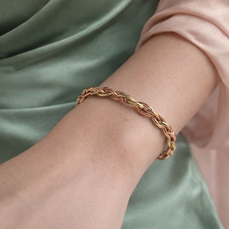 Handmade copper and bronze twisted chain open cuff bracelet with natural metal finish, artisan design by LAJA