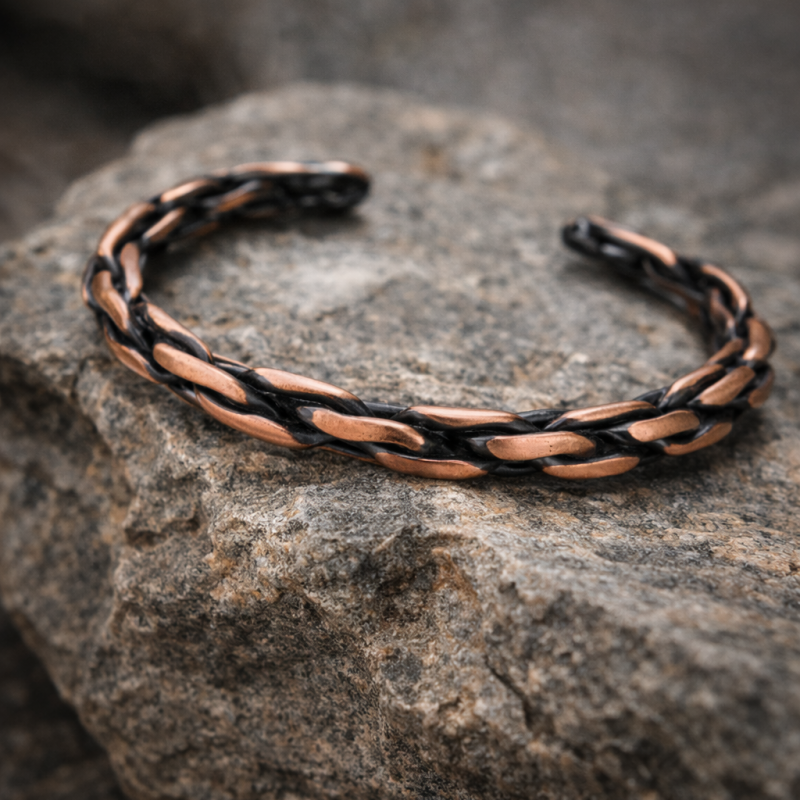 Handmade solid copper chain woven bracelet with adjustable open cuff design, dark matte copper details, artisan copper jewelry for men and women Handmade solid copper chain woven bracelet with adjustable open cuff design, dark matte copper details, artisan copper jewelry for men and women
