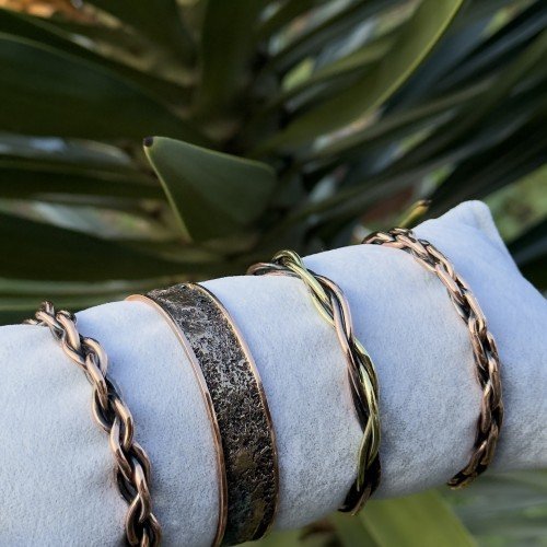 LAJA 1250 Series Özel Tasarım Bakır Bileklik Seti | 4’lü Örme, Burgu ve Doğal Dokulu Mat Kombin 