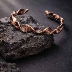 Handmade solid copper open cuff bracelet with textured wave form and sculptural design