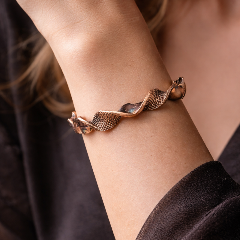 Handmade solid copper open cuff bracelet with textured wave form and sculptural design