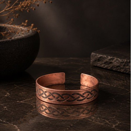LAJA-1566 | Örgü Geçme (Kelt Düğümü) Desenli El Yapımı Saf Bakır Bileklik (Unisex)