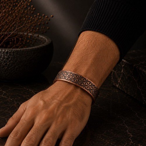 LAJA-1572 | Yaşam Çiçeği (Flower of Life) Desenli Saf Bakır Kelepçe Bileklik (Unisex)
