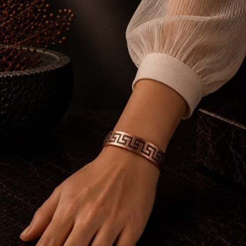 LAJA-1576 | Grek Anahtarı (Meander) Şerit Desenli Saf Bakır Kelepçe Bileklik (Unisex)