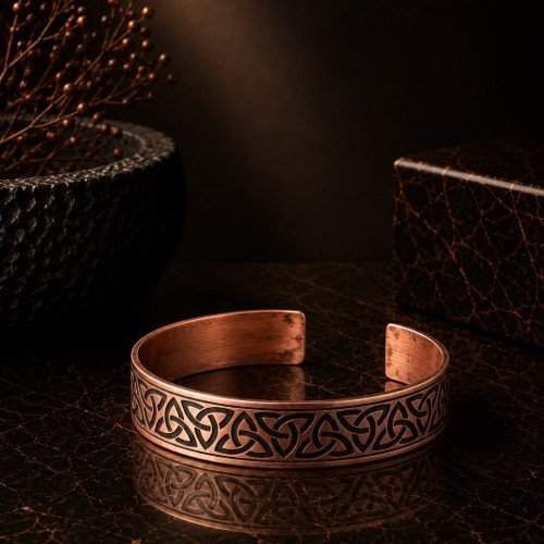 LAJA-1580 | Üçlü Düğüm (Triquetra) Desenli Saf Bakır Kelepçe Bileklik (Unisex)