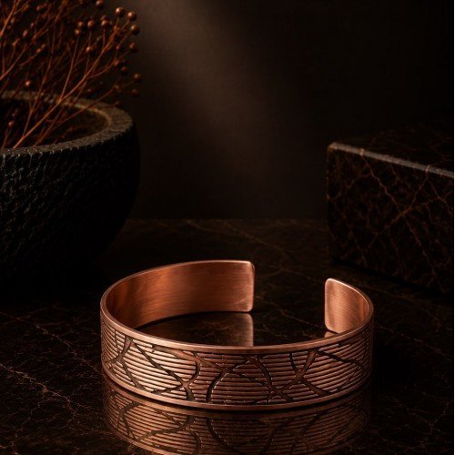 LAJA-1577 | Art Deco Yelpaze Desenli Saf Bakır Kelepçe Bileklik (Unisex)