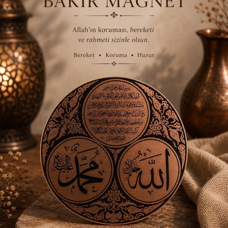 LAJA TR %100 Saf Bakır Ayetel Kürsi Allah Muhammed Buzdolabı Magneti (6x6 cm) laja-tr-el-yapimi-saf-bakir-ayetel-kursi-allah-muhammed-magnet-6x6
