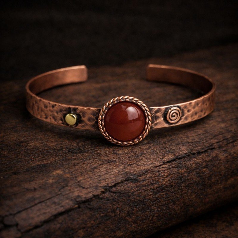 Doğal taş detayına sahip, dokulu bakır gövdeli el işçiliği LAJA-4000S4 bileklik