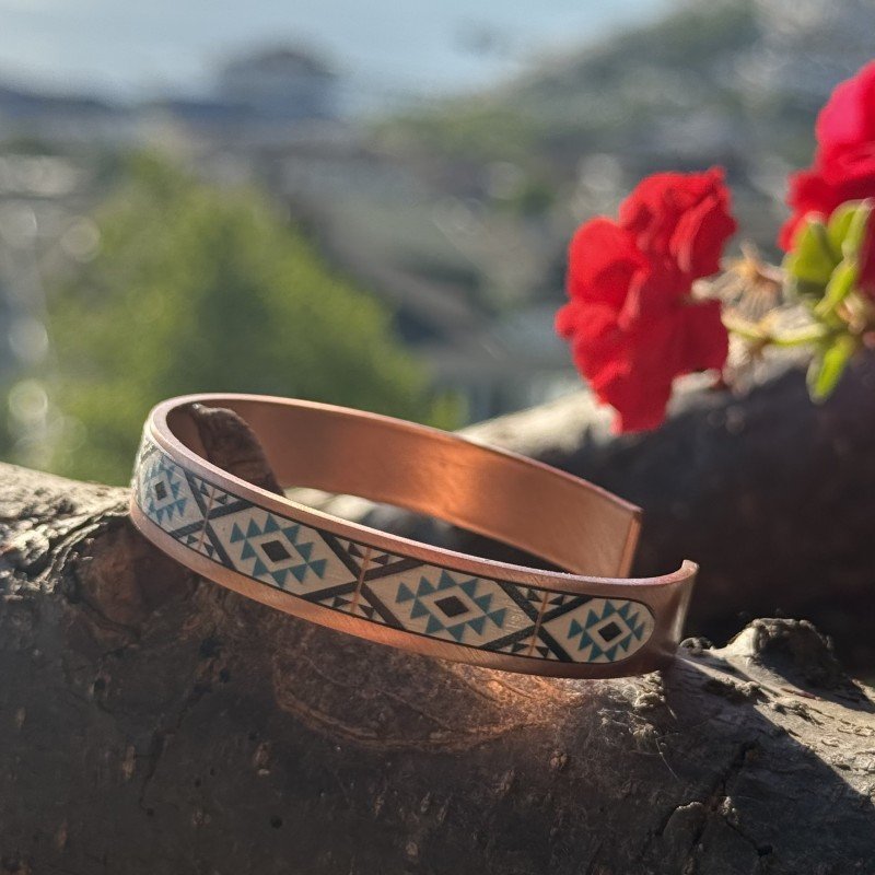 LAJA 1713 özel UV baskı motifli, el yapımı, etnik ve bohem stil bakır bileklik