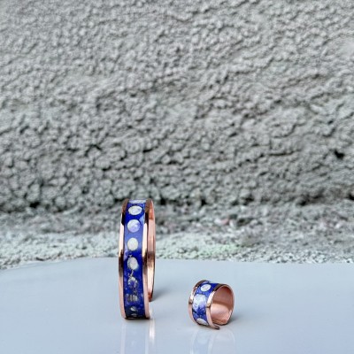LAJA-2507 – Gece Mavisi & Ay Temalı 2’li Set Bakır Bileklik + Bakır Yüzük